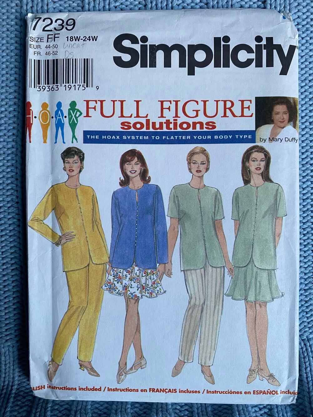 Simplicity 7239 Sewing pattern jacket pants swing mini skirt size 18w-24w